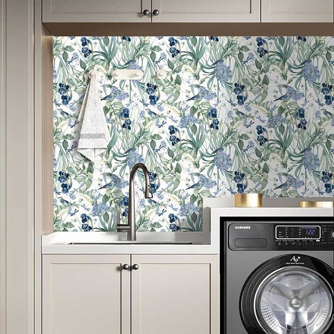 Floral Wallpaper Peel and Stick Flower Bird Blue Vinyl 17in x 118in | Flower Contact Paper Vintage Floral Wallpaper Boho Self Adhesive Waterproof Wall Paper Botanical Removable Decorative Vinyl - Image 4