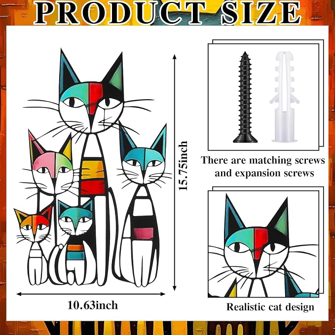 Wesiti Metal Cat Wall Art, Colorful Mid Century Iron Sculpture 10.6x15.7 | Black Metal Frame, Geometric Cats, Ideal for Room Decor, Living Room Bedroom Kitchen Office, Cat Lover Gift Pictures - Image 2