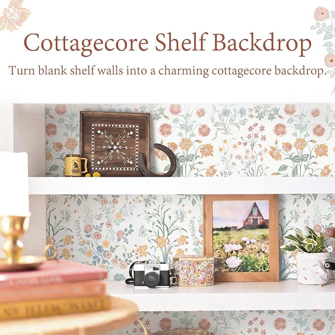 Floral Peel and Stick Wallpaper Vintage Wallpaper Colorful Wall Paper Wildflower Contact Paper for Cabinets Vinyl Renter Friendly Waterproof Self-Adhesive Bathroom Kitchen Bedroom 393"×17.3" - Image 5
