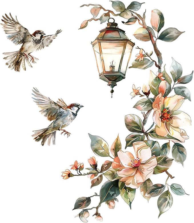 Chandelier Bird Wall Stickers Vintage Street Lamp Red Flower Wall Decor, Floral Art Wall Decals Vinyl Peel and Stick for Living Room Bedroom Nursery Playroom Door Home Decorations by FUFUQUARE