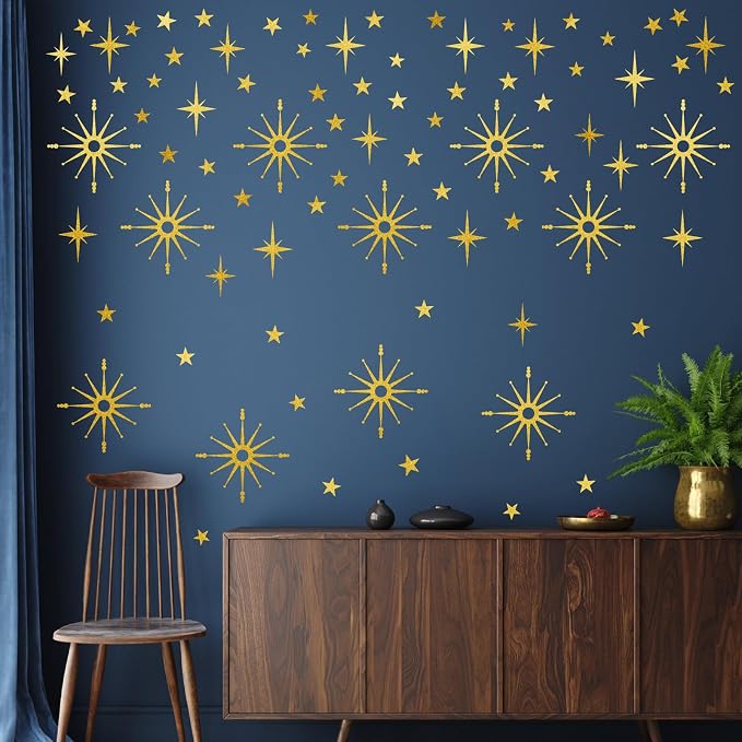 Gold Star Wall Sticker Retro Starburst Peel and Stick Decal for Living Room | Wall stickers, modern mid century decor, atomic removable art mural, ceiling stars, peel and stick, for kids bedroom nursery by Easma