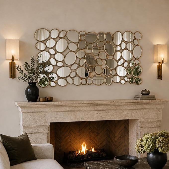 Gold Mosaic Wall Mirror, 27.55" x 55" Large Pebble Geometric Decorative Mirror with 71 Irregular Mirror Pieces, Modern Accent Wall Decor for Living Room, Entryway, Bedroom, Hallway - Image 5