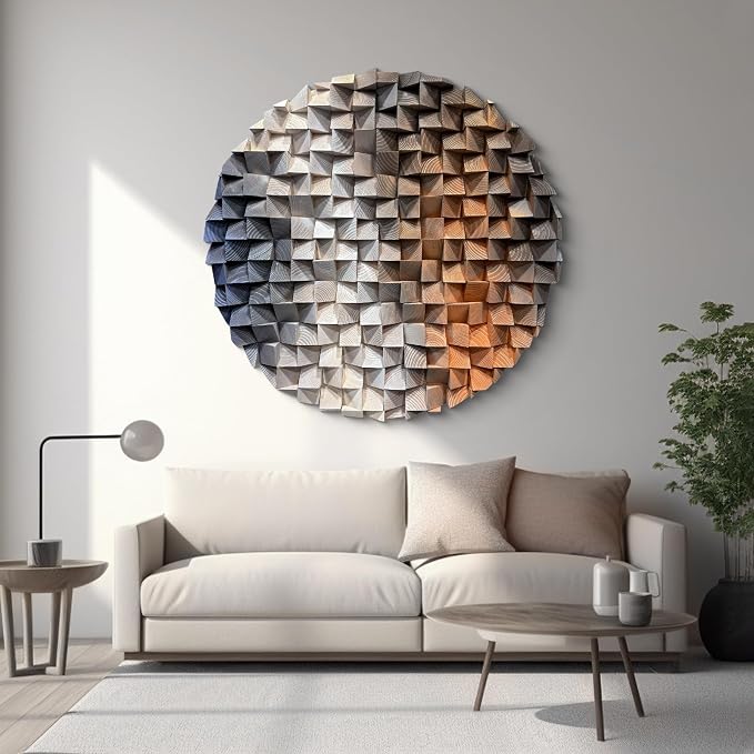LIUZEYUE Large Round Wood Wall Art Featuring Sculptural Disc Texture | round 3D wall art; cool gray and rust, staggered mosaic surface; hotel lounge circular centerpiece; 47.2 in diameter - Image 6