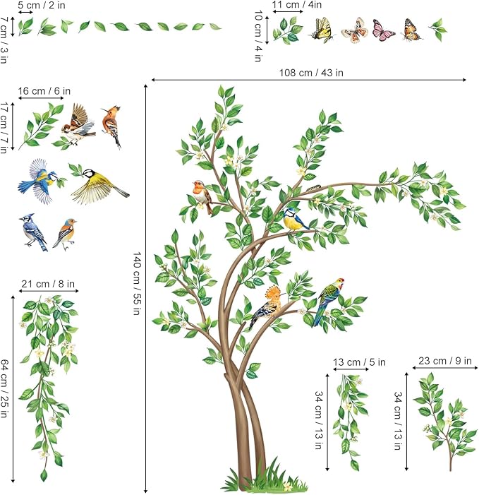 decalmile Green Tree Flying Leaves Birds Wall Decals Stickers (XL) - Image 4