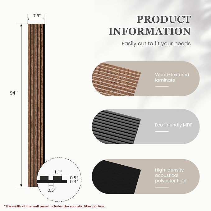 6 Pack Wood Salt Acoustic Wall Panels 94" x 7.9" x 0.8", Brown | 3D Fluted Soundproof Wooden Wall Panel, Sound-absorbing Wall Decor for Home Theater Studio Office Bedroom - Image 3