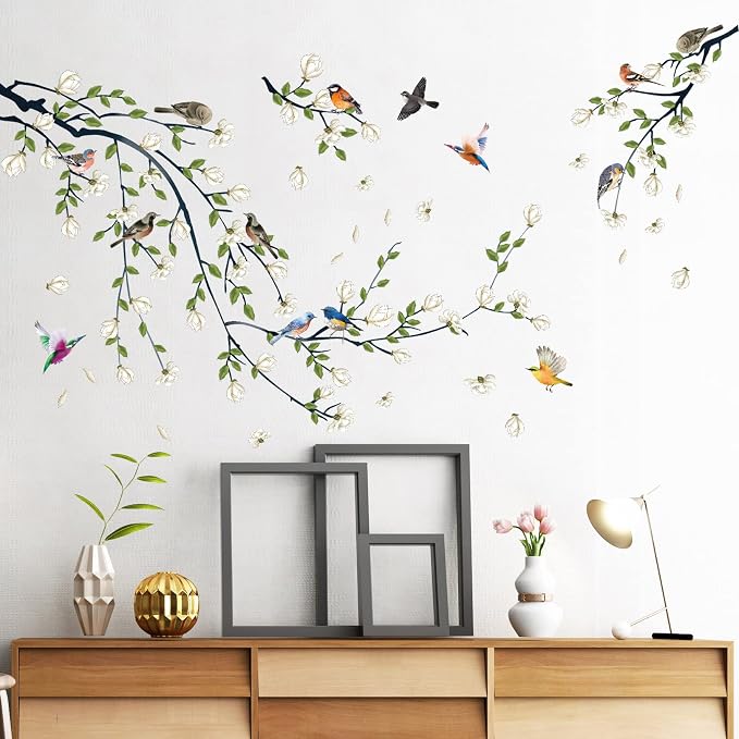 Green Vine Wall Decal White Flowers and Birds on Branch Natural View Wall Sticker DIY Detachable Peel and Stick Wall Art Mural for Living Room Bedroom offcie Home Decor - Image 4