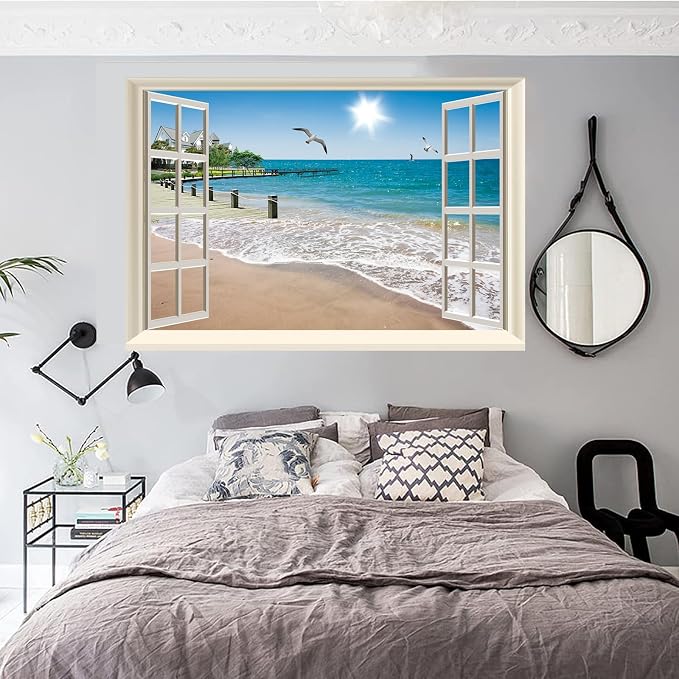Fake Window Wall Decal- Summer Beach Seascape Open Wall Art Poster Sticker | Faux Window Ocean Coast Natural Scenery Landscape Mural｜ Stick and Peel Wall Decals｜for Room Bedroom Office Decor｜24"x16" - Image 6