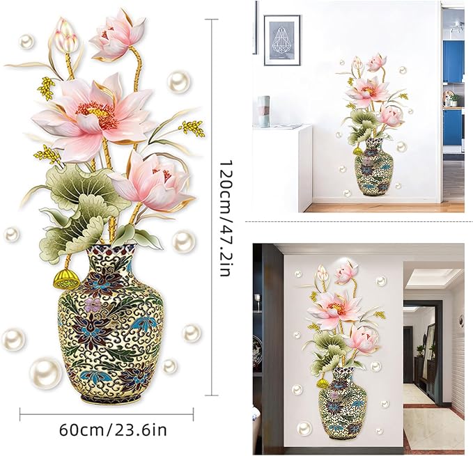 Chinese Style Lotus Flower Vase Wall Sticker, 24"x47" Classical Lotus Flower Wall Decals Murals Peel and Stick 3D Wall Art Stickers for Girls Bedroom Nursery Living Room TV Home Decor - Image 2