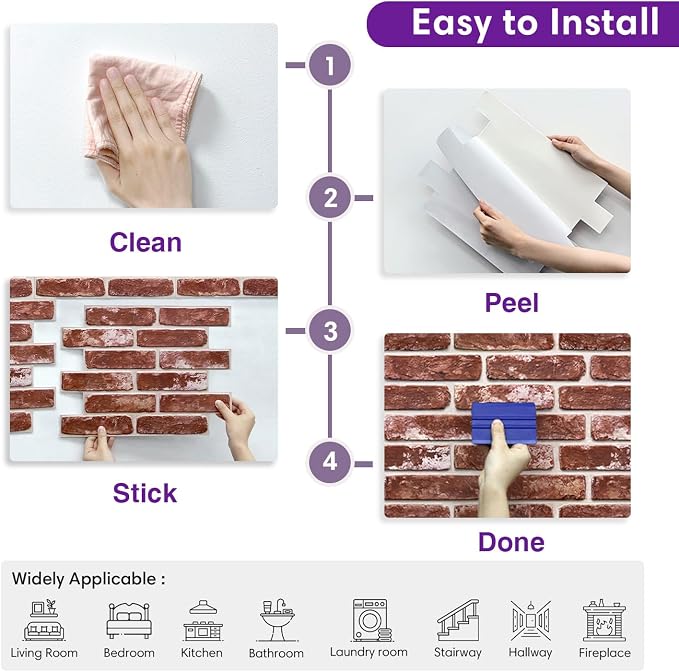 3D Peel and Stick Faux Brick Wall Panels 15.7" x 11.8" 10-Pack | Vintage Red-Brown, Brick-Look Textured Wall Sticker, Thin PVC Self Adhesive Wall Tiles for Interior Decor, Cover 12.9 sq ft - Image 8