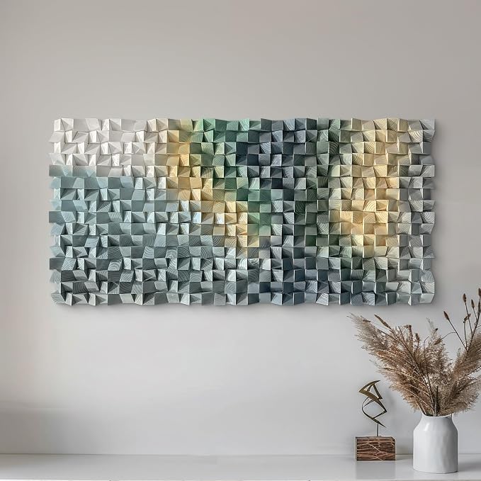 LIUZEYUE Faceted Geometric Mosaic, Dimensional Wood Wall Art, Wooden Decor | wood wall decor; muted green and sand, light-responsive relief; hotel guest suite statement wall; 27.6 x 55.1 in - Image 9