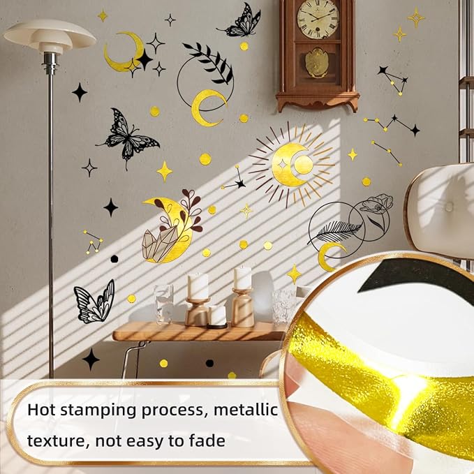 Boho Gold & Black Foil Wall Stickers - Celestial & Butterfly Wall Decor Peel and Stick Removable Art Decals Decorative for Living Room Bedroom,59.9 cm x 63.2 cm - Image 8