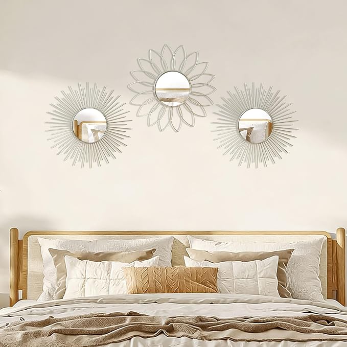 3 Pack Metal Mirrors for Wall Sunburst Wall Mirrors Home Décor Decorative Hanging Wall Art for Living Room Bedroom Entryway (Silver2, Flower+Sunburst) - Image 5