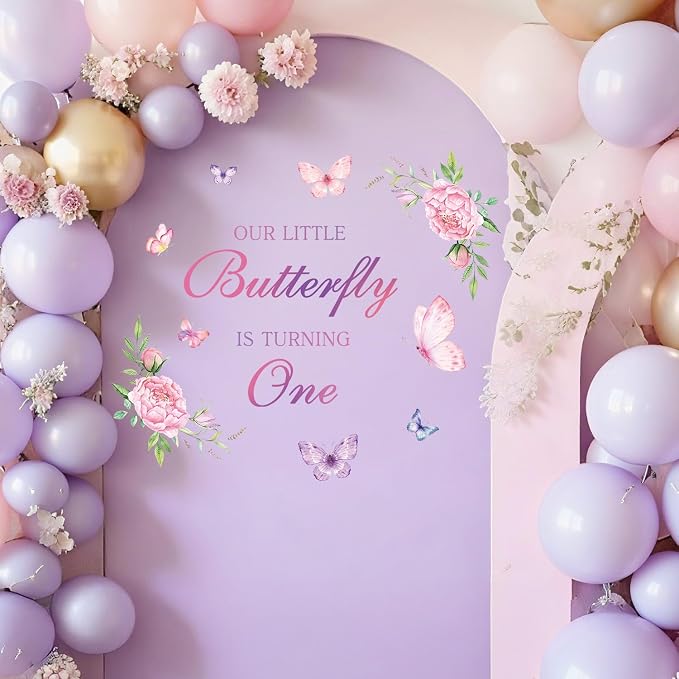 LHIUEM Butterfly First Birthday Decals Purple Our Little Butterfly is Turning One Inspiration Wall Signs Pink Floral Baby Girl Fairy Happy Birthday Party Stickers Supplies for Balloon Arch Background - Image 4