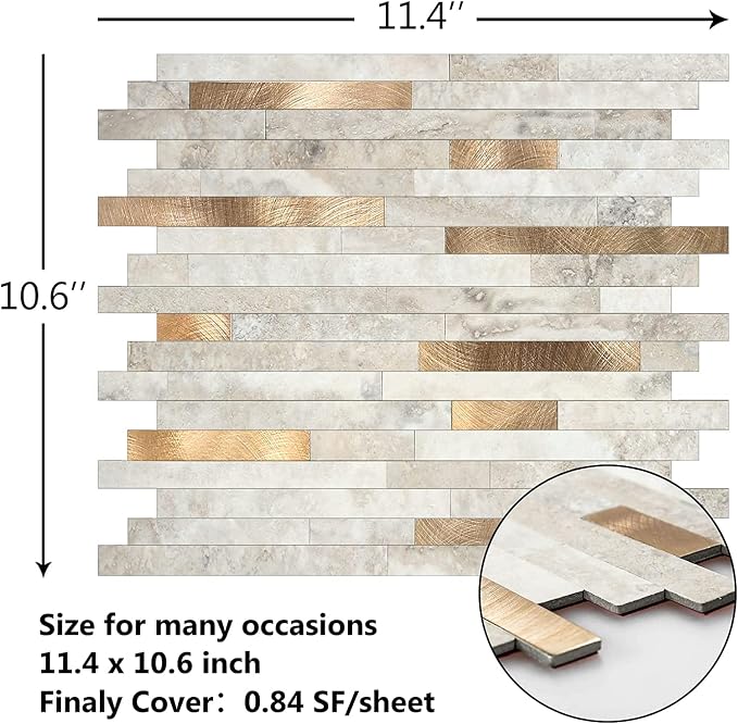 KASARO Peel and Stick Marble Backsplash Tile, 1-Sheet, Beige Marble with Vintage Golden Stripes, Self-Adhesive Aluminum Wall Tile for Kitchen, Bathroom, Fireplace, RV (11.4”x10.6”, 4mm Thick) - Image 3