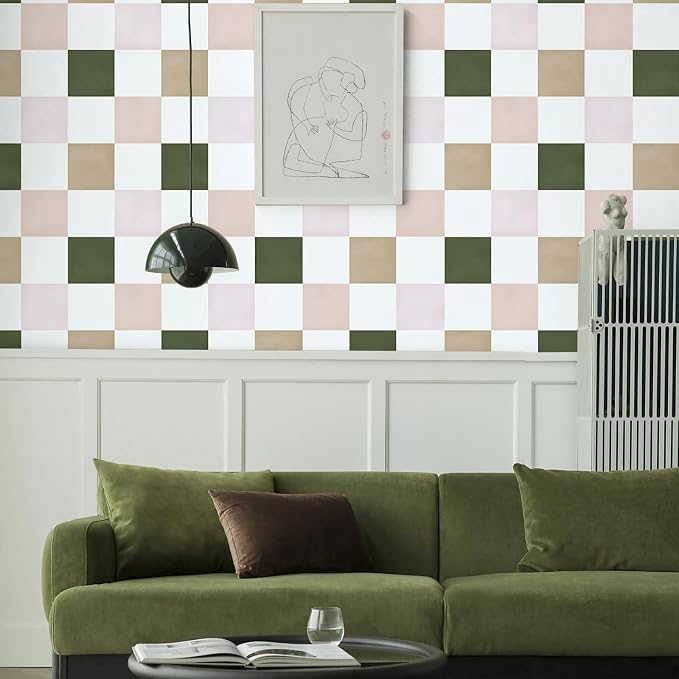 Ismoon Modern Peel and Stick Wallpaper Pink and Green Checkered Contact Paper Removale Self-Adhesive Stick on Wallpaper for Bedroom Bathroom Shlef Cabinet Décor 17.3in x 49.2ft - Image 3