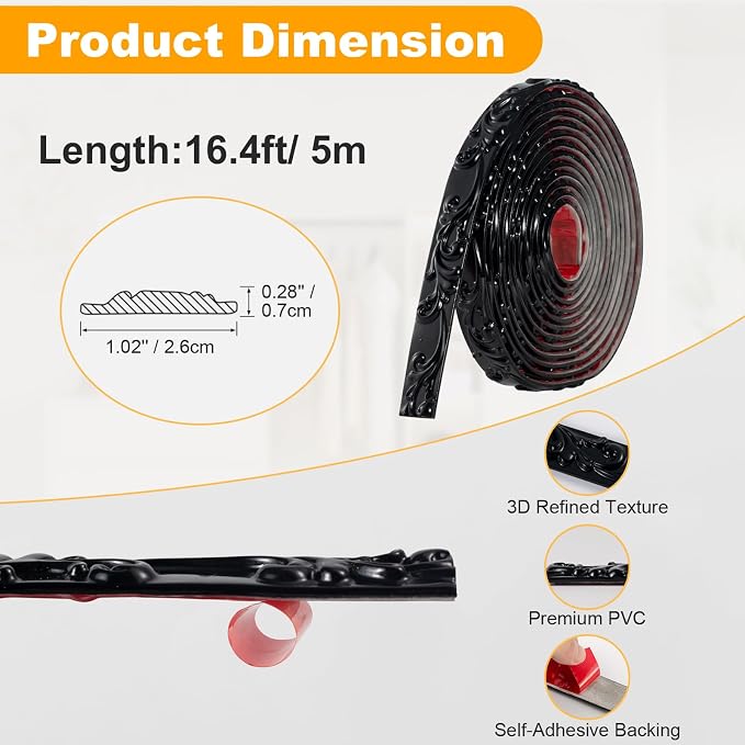 16.4FT x 1.02'' Black Peel and Stick Crown Molding Trim – Self-Adhesive Mirror Border & Cabinet Edge, Flexible Decorative Trim for Interior Use - Image 2