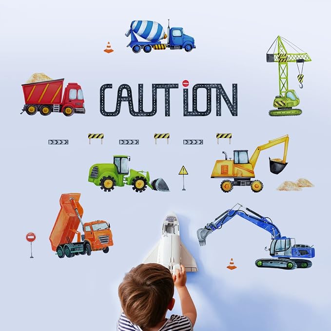 Mfault Baby Boys Construction Caution Vehicle Wall Decals Stickers | Large Trucks Tractor Excavator City Nursery Playroom Decorations Kids Room Art, Classroom Bedroom Home Decor Birthday Gift - Image 3
