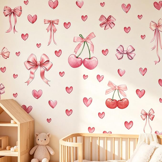 Arawat 58pcs Bowtie and Cherry Room Decor Pink Wall Stickers and Decals for Bedroom Bathroom and Living Room Cherry Wall Sticker and Decal Bow Decor - Image 2