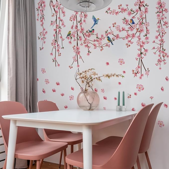 9 Sheets Cherry Blossom Decor Wall Decals Peel and Stick Pink Room Decor for Girls Bedroom Large Removable Wall Stickers & Murals Vinyl Car Decals for Women Living Room Office Vine Bird Art Clings - Image 3