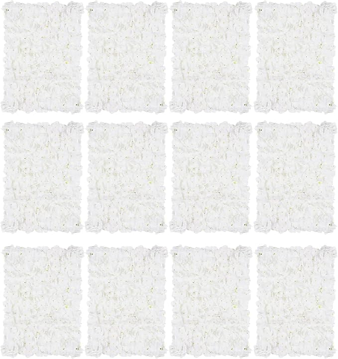 BLOSMON Hydrangea Flower Wall Panel - 12 Pcs White 24 x 16 Inch Backdrop | Floral Wall for Wedding Party Baby Bridal Shower Decor - Hanging Fake Silk Flower Backdrop Decoration by Blosmon