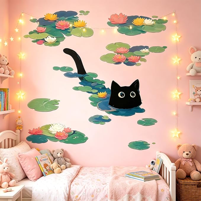 Black Cat Cute Kitten Water Lily Lotus Pond Wall Decals Peel and Stick | Adorable black cat swimming in water lily pond wall decal, removable peel-and-stick vinyl decor for bedroom bathroom nursery - Image 4