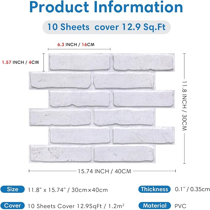 COMSTICKC 3D Peel and Stick Faux Brick Wall Panels for Quick DIY Wall Decor | White, 10 Pcs 15.7" x 11.8", Not Real Brick, Lightweight Thin PVC Decorative Wall Sticker for Wall Makeover,Cover 12.9 sq ft - Image 5