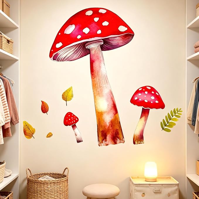 Red Mushroom Woodland Fall Leaves Nursery Wall Decals for Kids Room Decor | Boho watercolor peel and stick removable vinyl DIY wall decor sticker for kids nursery living room bedroom playroom classroom by VePret