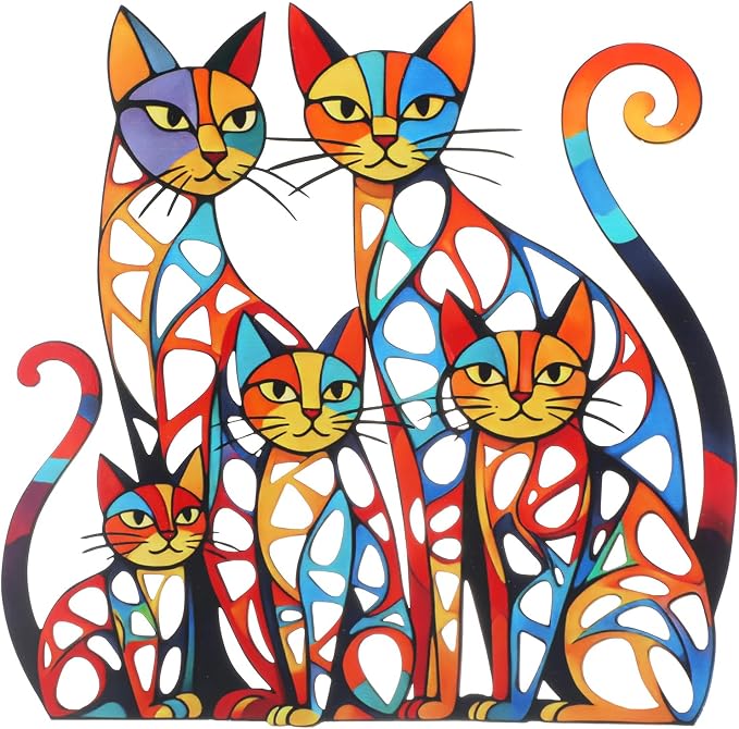 Wesiti Cat Wall Art Iron Sculpture 11.81x11.61 Mid Century Colorful | Graceful Design for Cat Lovers, Vibrant Retro Style, Perfect for Living Room Bedroom Kitchen Office Metal Sculpture by Unteilti