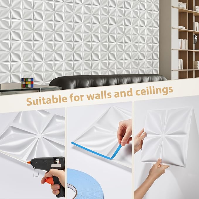 Heikki 30 Pack 3D Wall Panel for Interior Wall Décor, PVC Flower Textured Wall Panels for Living Room Bedroom Hotel Office, 11.8"x11.8", Double-Sided Tape (White-SYH) - Image 3