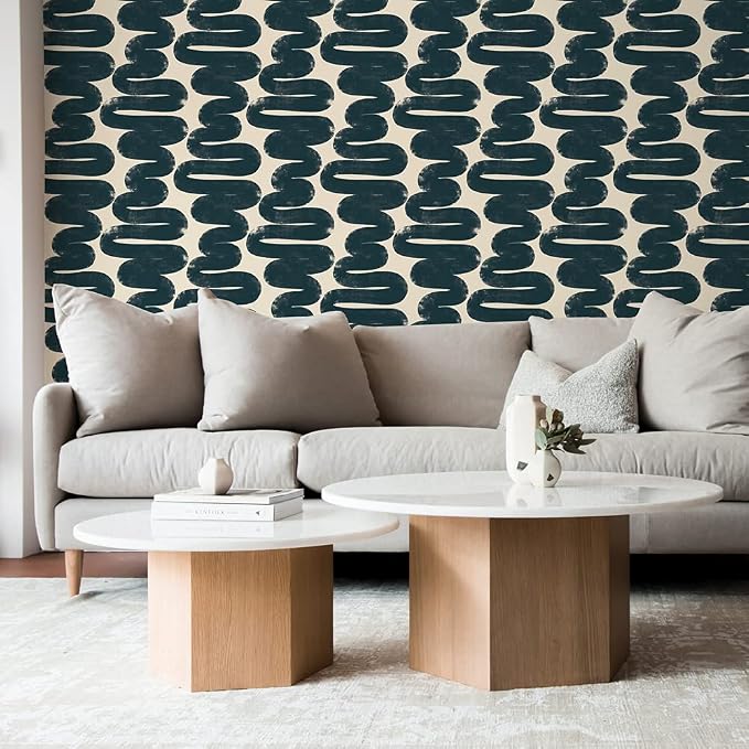 Tempaper x Bobby Berk Blue & Cream Wiggle Room Removable Peel and Stick Wallpaper, 20.5 in X 16.5 ft, Made in The USA - Image 3
