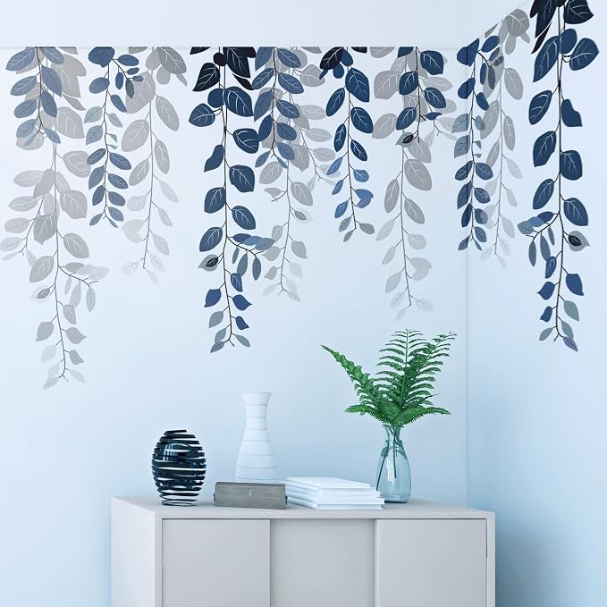 Blue Hanging String of Eucalyptus Wall Decals Peel and Stick, Large Plants Vinyl Wall Stickers, Removable Vine Home Decor Art for Bedroom Living Room Classroom Office - Image 9