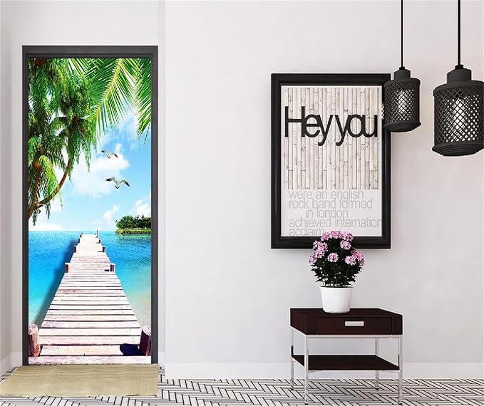 artfanke 3D Door Sticker Peel and Stick 30.3"x78.7"- Self-Adhesive Door Murals Wallpaper- Wooden Bridge Seascape Wall Decals Waterproof for Bedroom Decor (2 Sheets/Set) - Image 3
