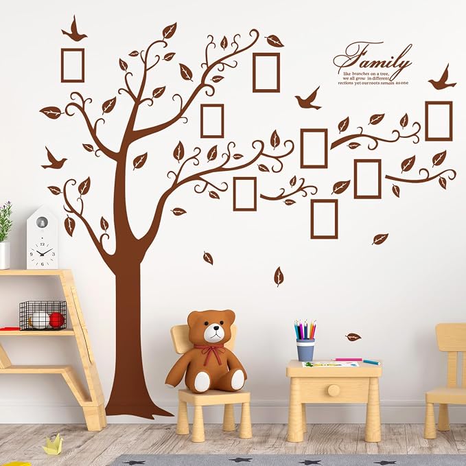Large Family Photo Tree Wall Sticker 3D Peel and Stick Vinyl Photo Frame Tree Wall Decals Removable Quotes Leaf and Birds Wall Decor for Home Kids Bedroom Living Room Classroom Nursery (Right, Brown) - Image 7