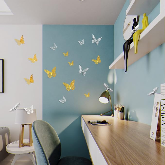 SAOROPEB 3D Butterfly Wall Decor 48 Pcs 4 Styles 3 Sizes, Butterfly Birthday Decorations Party Decorations Cake Decorations Wedding Decor, Removable Stickers (Gold, Silver) | 4 Styles 3 Sizes, Party Decorations Birthday Cake Decorations Wedding Decor, ... - Image 4