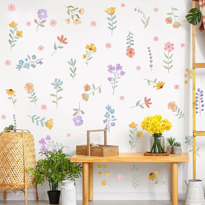 Boho Watercolor Flower Wall Decals - Removable Wildflower Art for Girls Bedroom, Nursery, Kids Room - DIY Cute Vinyl Murals Decorations by HJKlove