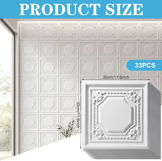 RattanView 33 Pack PVC 3D Wall Panels for Interior Wall Decor Decorative White Ceiling Tiles for Bedroom TV Background Gaming Room 12 x 12 Inch Drop Ceiling Panels Modern Accent Art - Image 3