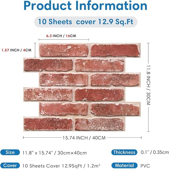 COMSTICKC 3D Faux Brick Wall Panels Peel and Stick, 10 Pcs 15.7" x 11.8" | Vintage Red, Not Real Brick, Ultra-Light PVC 3D Fake Brick Decorative Wall Covering for DIY Interior Decor, Cover 12.9 sq ft - Image 5