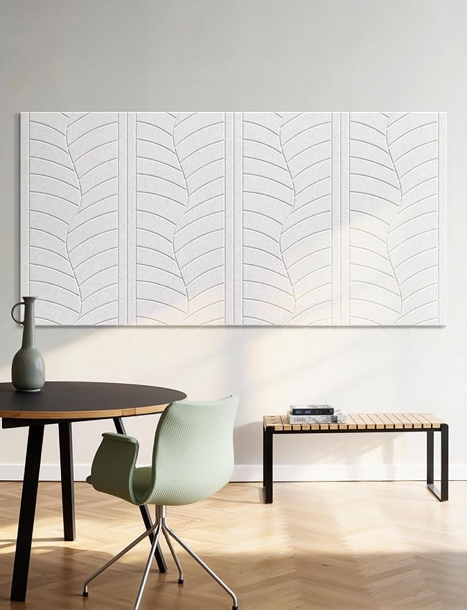 4 Pack Large Acoustic Panels Sound Absorbing for Studio Walls, Self Adhesive Decorative Leaf Art Tiles White Sound Absorption Absorbers for Home Room Ceiling Door Treatment 47" x 24" x 0.4" by Topnaca