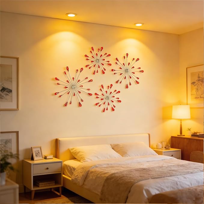 ZEXUIRU 4 Set Silver Starburst Wall Art for Home Decor Metal Bling Crystal Rhinestones Sunburst Wall Decor Sparkling Rhinestone Art Accent -Red 13in/11.8in/9.8in/9.8in - Image 6