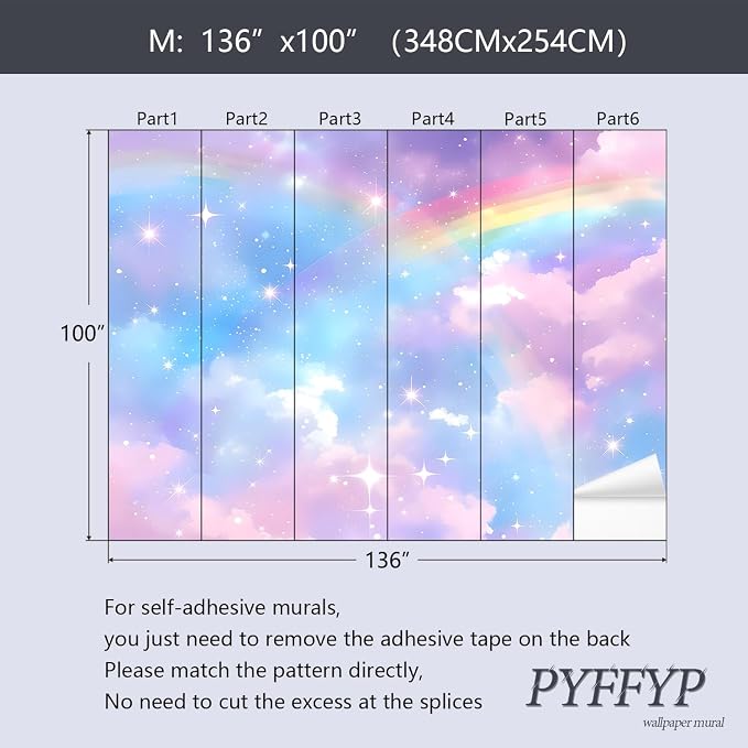 PYFFYP-Colorful Cloud Peel and Stick Wallpaper Rainbow Star wall murals - Image 5