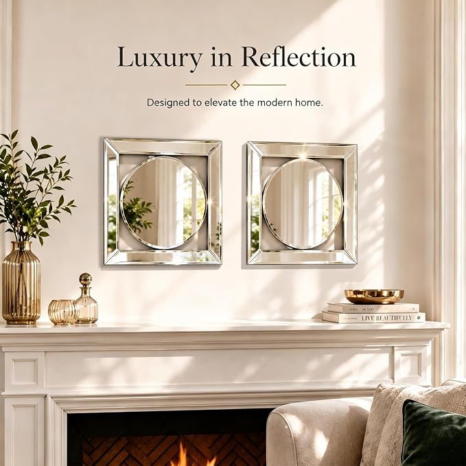 Square Decorative Wall Mirror 12 x 12 Inch, Silver Frameless Mirror Wall Decor with Beveled Edge, Modern Wall Mounted Accent Mirror for Living Room, Bedroom, Hallway, Set of 2 - Image 2