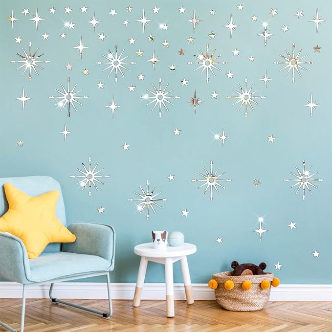 Star Wall Decals MCM Starburst Stickers Silver Mirror Decal Peel and Stick | Celestial decor, sparkle wall stickers, modern mid century decor, removable art mural, for kids bedroom living room farmhouse - Image 3