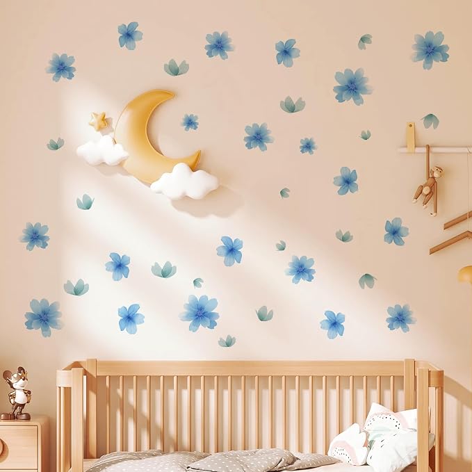 Flower Wall Decals - Peel and Stick Floral Flowers Wall Stickers,Removable Blue Flower Home Decor Art for Kids Living Room, Bedroom, Nursery Decor Wall Corner Decoration (Blue Flower Wall Decals) - Image 5