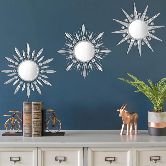 Silver Mirrors Wall Decor, Metal Sunburst Mirror Wall Art Decor Mirror - Image 3