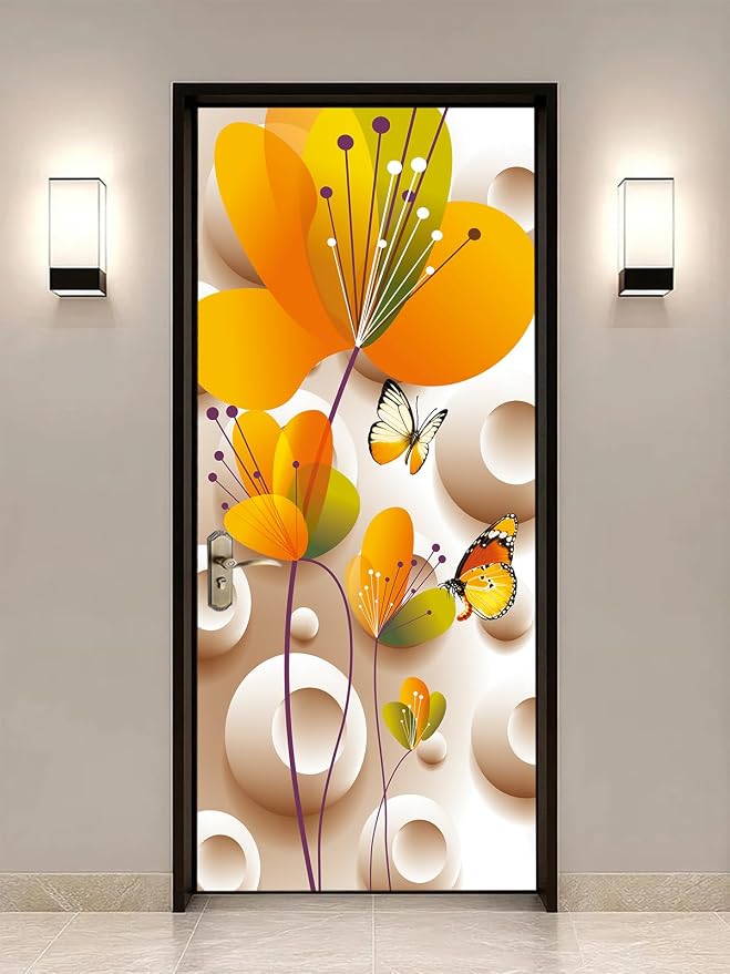 artfanke 3D Peel and Stick Door Sticker 33.5"x84.6"- Self-Adhesive Door Wallpaper Murals Decal-Flower Colorful Butterfly Wall Poster for Home Decor (2 Sheets/Set) by artfanke