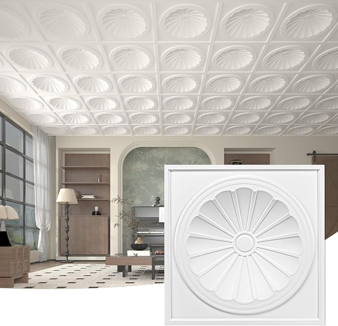 Art3dwallpanels Ceiling Tiles 12 Pack, 24 x 24 Inch, White | 3D Recessed Circle PVC Ceiling Panels, Fireproof Waterproof Light Tiles, 12 Pack 24"×24" Drop In Ceiling Decoration by Art3dwallpanels