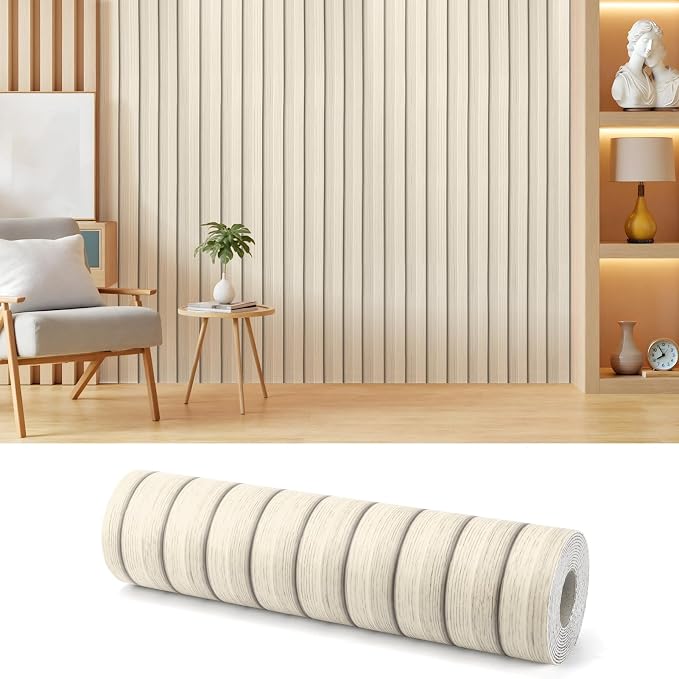 Thick Peel and Stick Slat Wall Panel Self-Adhesive 3D Wood Grain White | Wallpaper Sticker Soundproof Moisture Resistant for Wall Ceiling (118"x15.75") by AILOOCEDI