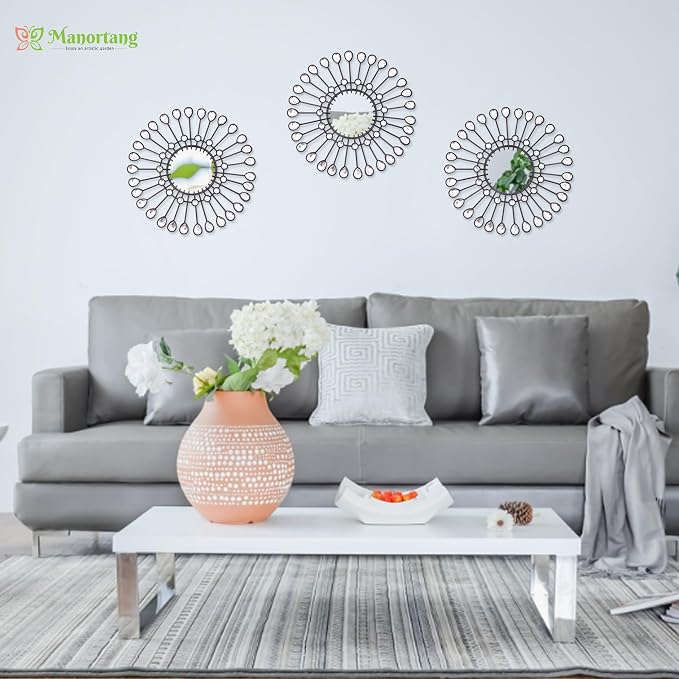 Black Mirrors 3 Piece,Sunburst Mirror Hanging Wall Decor,9inch indoor Adorn - Image 3