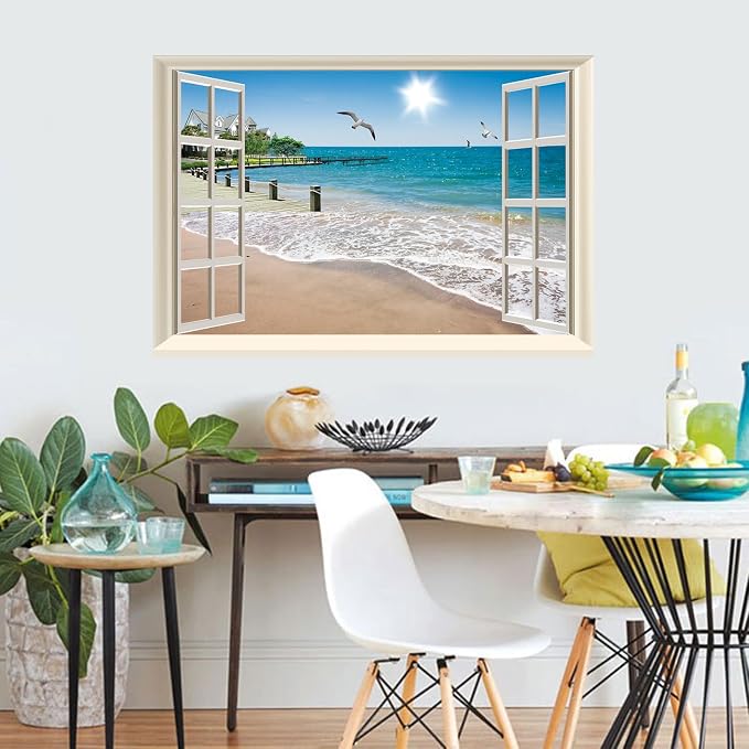 Fake Window Wall Decal- Summer Beach Seascape Open Wall Art Poster Sticker | Faux Window Ocean Coast Natural Scenery Landscape Mural｜ Stick and Peel Wall Decals｜for Room Bedroom Office Decor｜24"x16" - Image 9