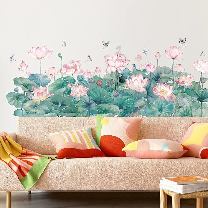 Watercolor Pink Lotus Wall Decals Chinese Style Water Lilies Wall Stickers Vinyl Removable Birds and Dragonflies Art Murals for Living Room Bedroom Office Girls Room Playroom Bathroom Wall Decoration - Image 4